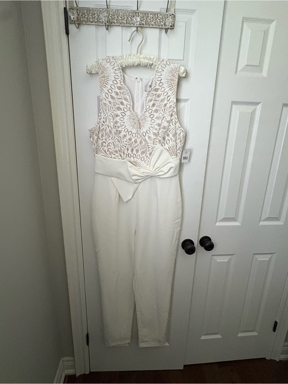Adelyn Rae Ivory Lace Bodice Waist-Tie Jumpsuit
